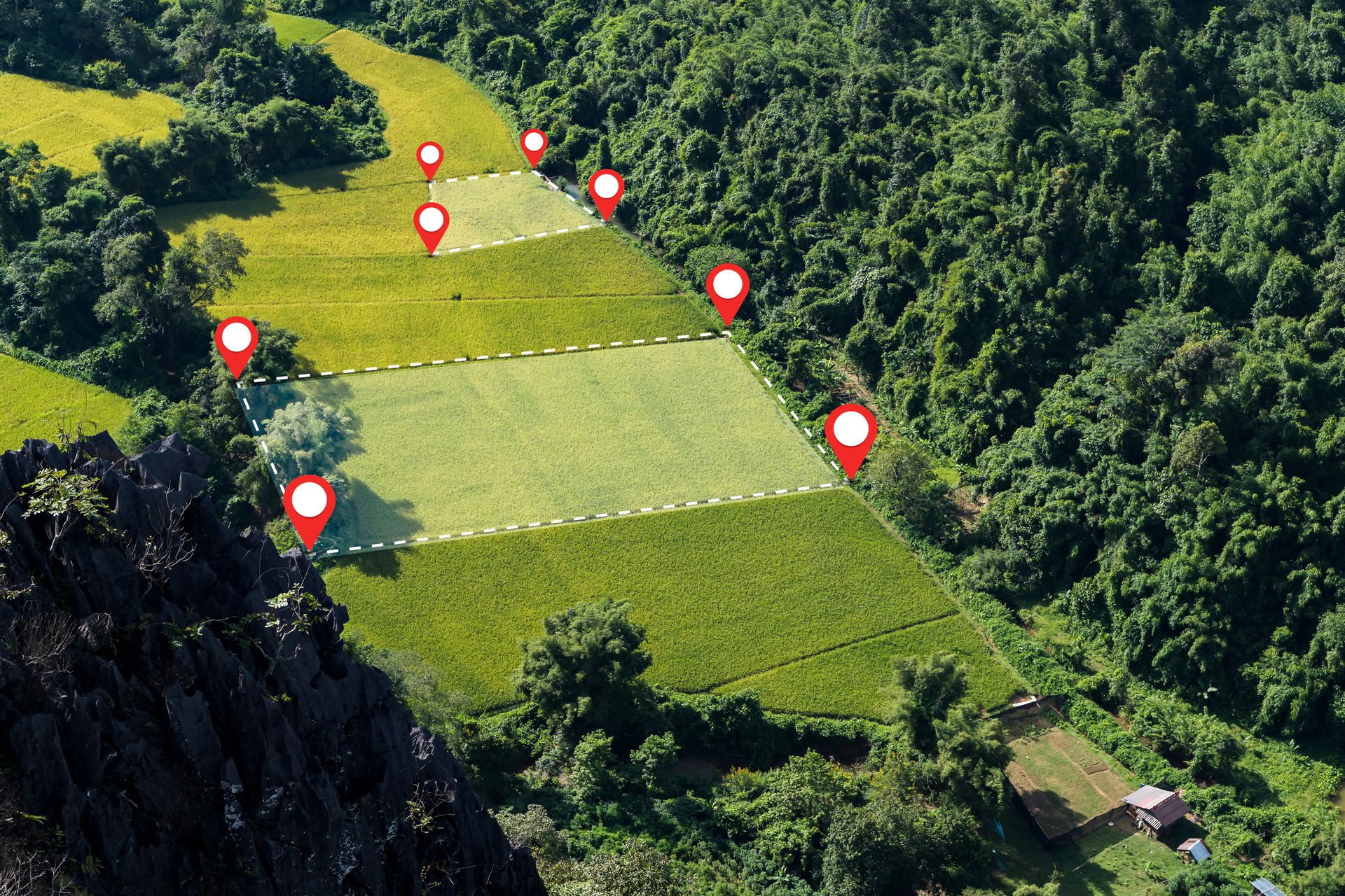Aerial view of rice fields with location pins and boundary lines in tropical mountain valley farmland area